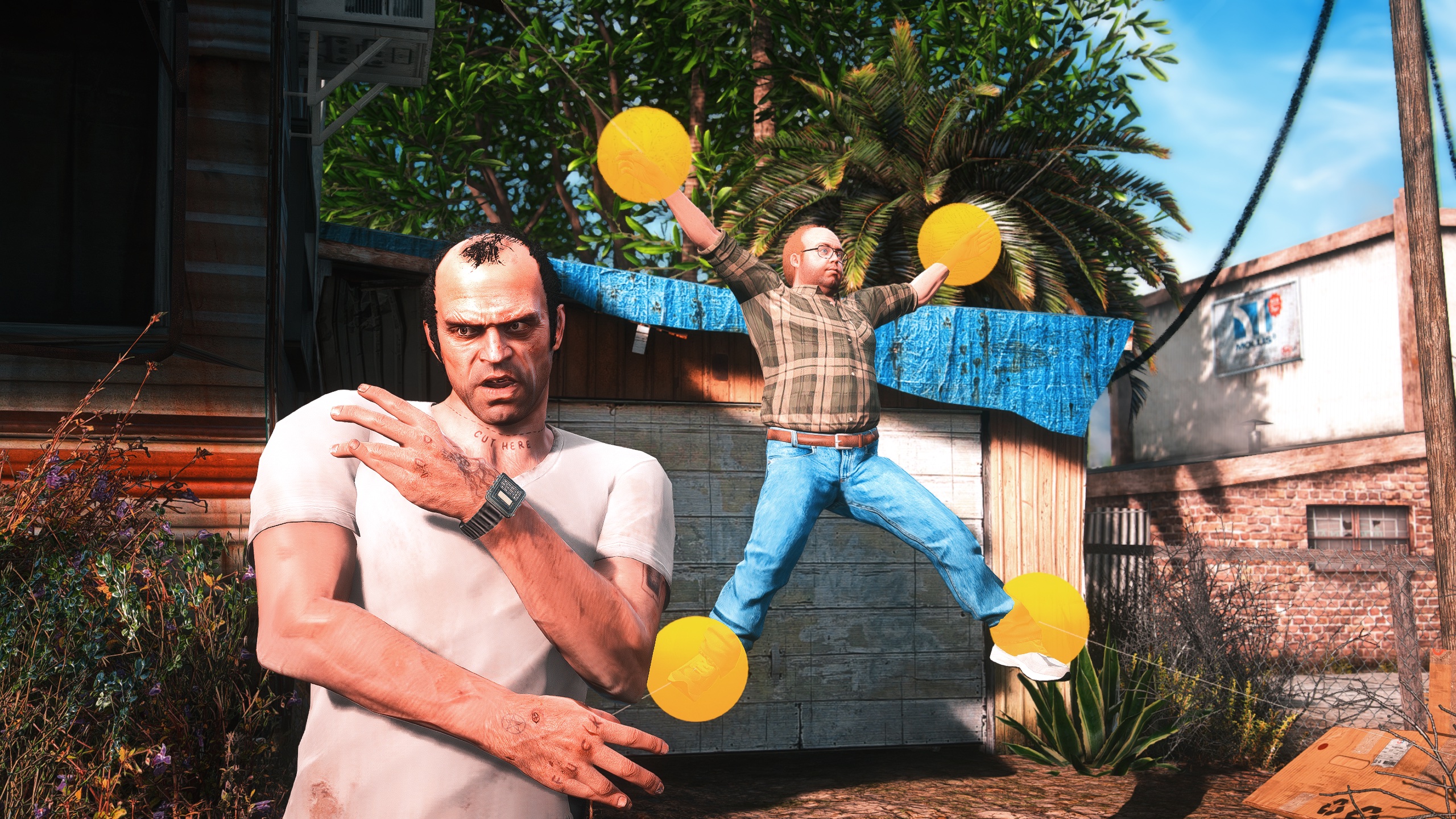 Trevor reacting while Lester is suspended by four TetherShot connections during a field test