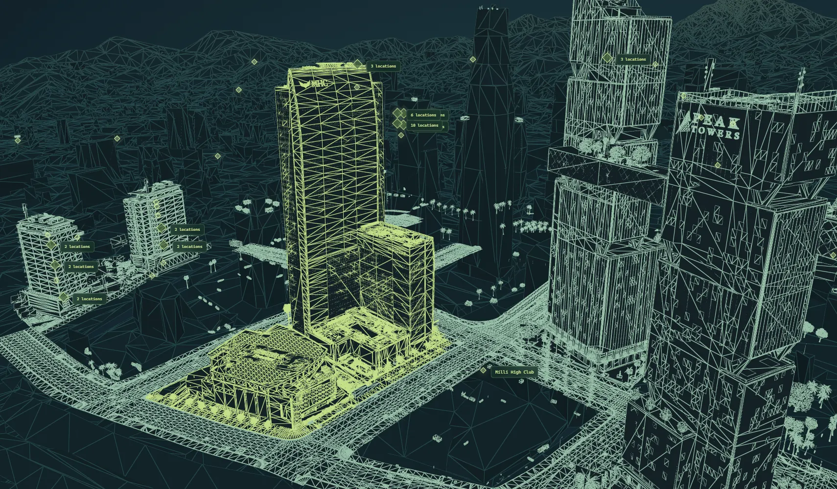Parallax World Atlas: a converted downtown tower highlighted in lime among the city's wireframe buildings