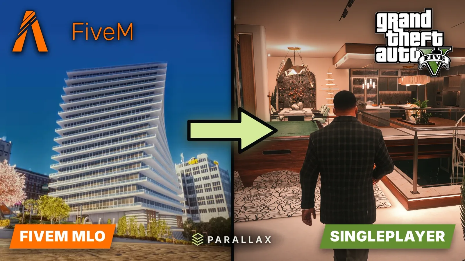 A FiveM MLO tower converted by Parallax into GTA V singleplayer, with Franklin walking through its interior