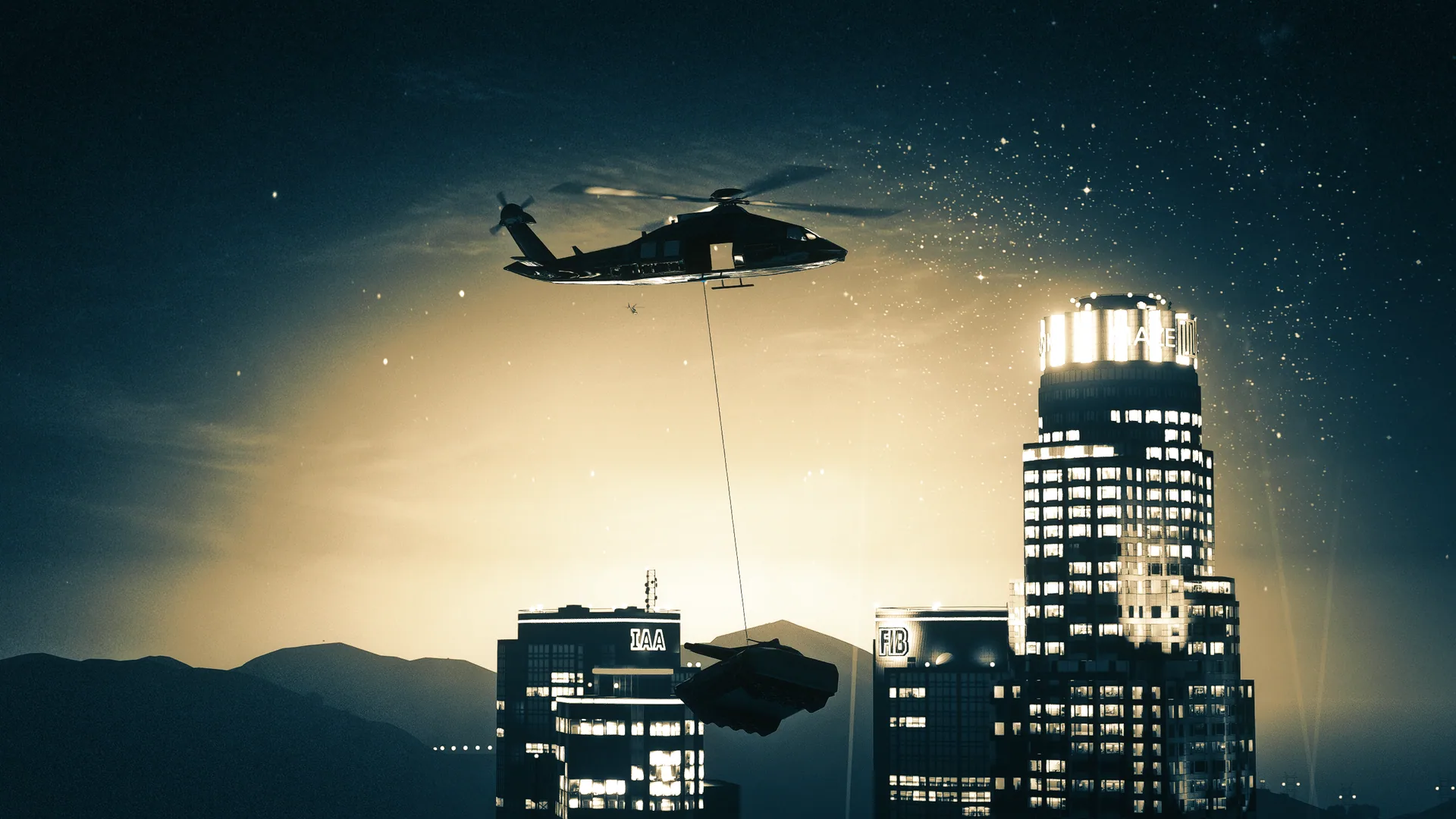 A helicopter winching a vehicle through a live TetherShot Patron Edition tether