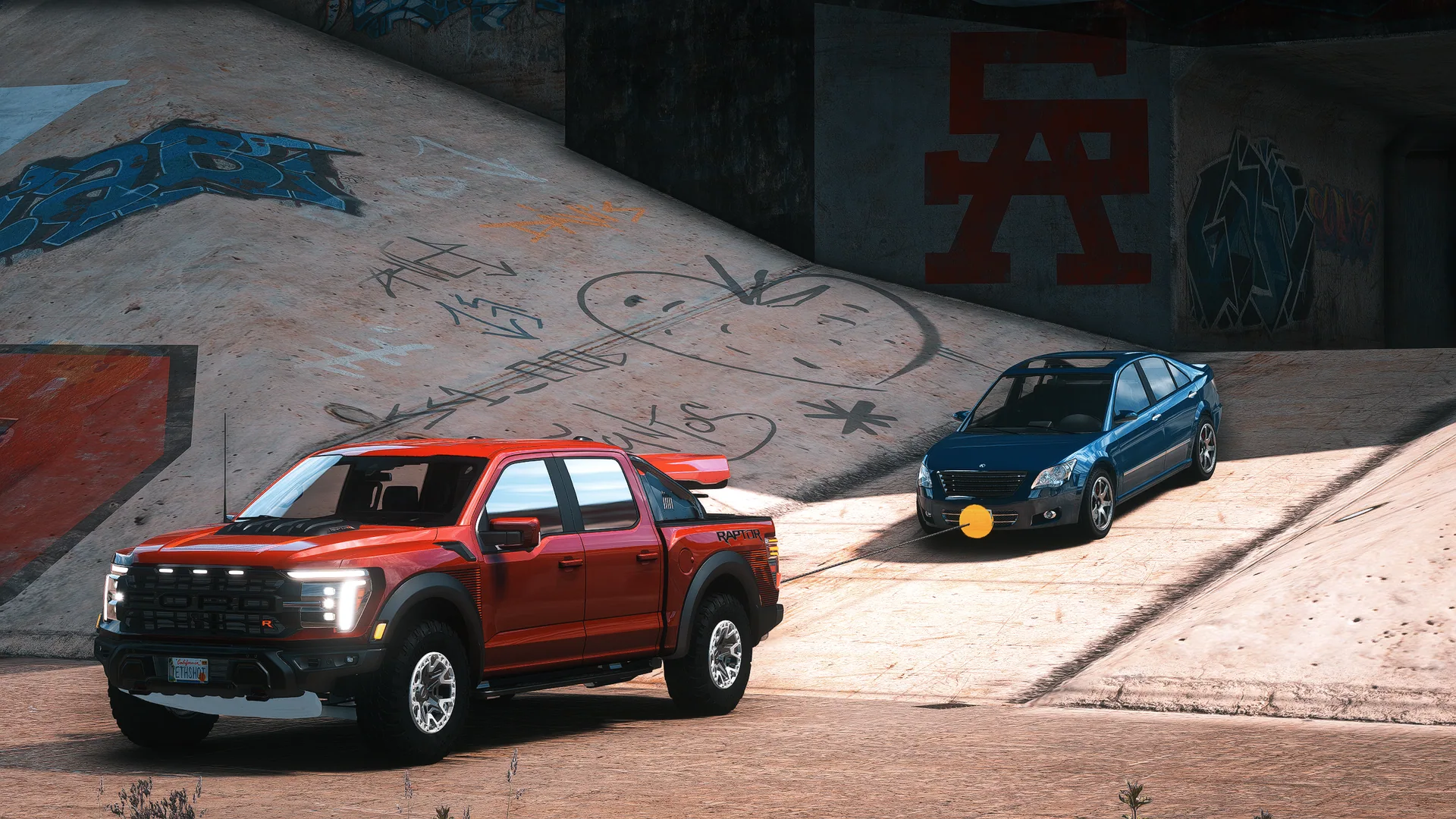 Two vehicles connected by a TetherShot line