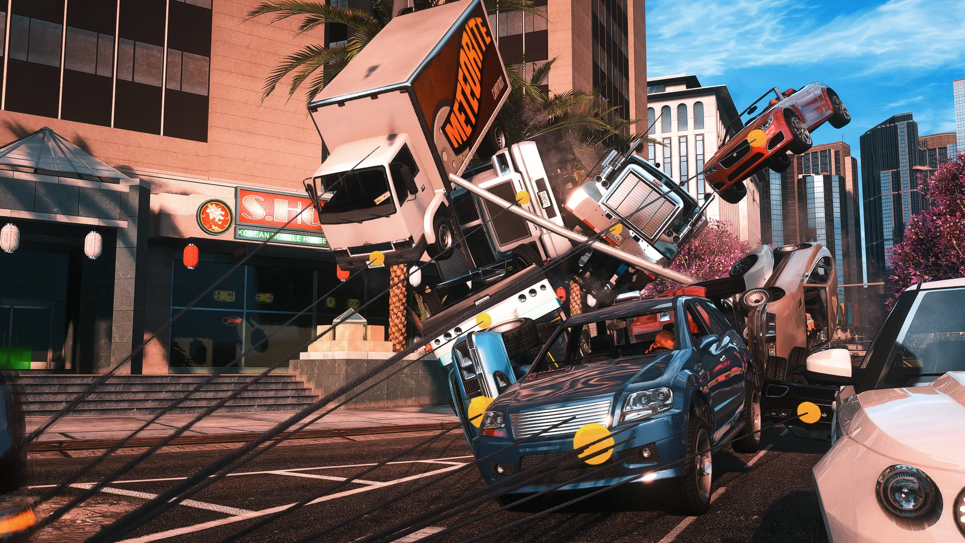 A dense TetherShot Patron Edition network of vehicles and live tethers in Los Santos
