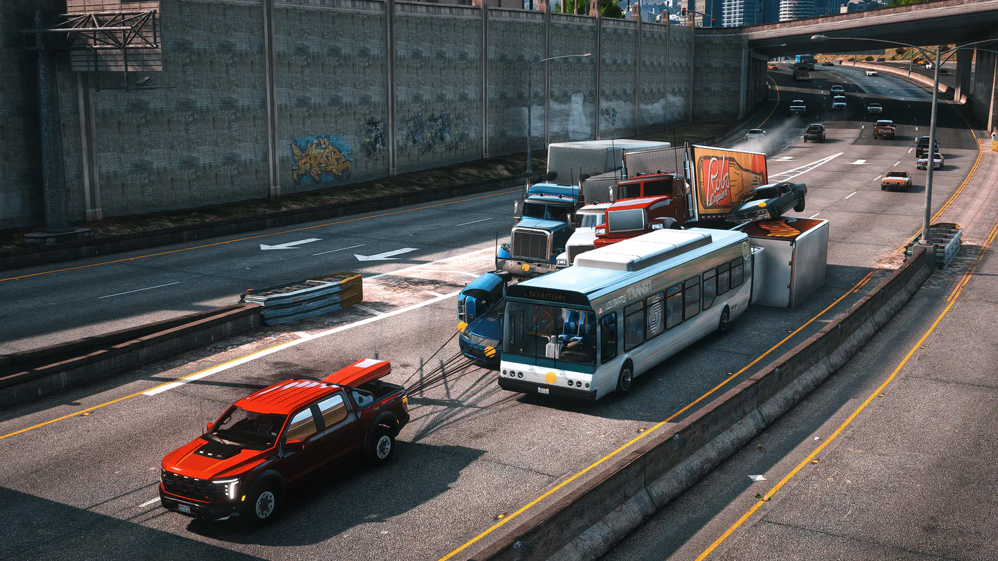 A branching network of cars, trucks, and buses across a Los Santos road
