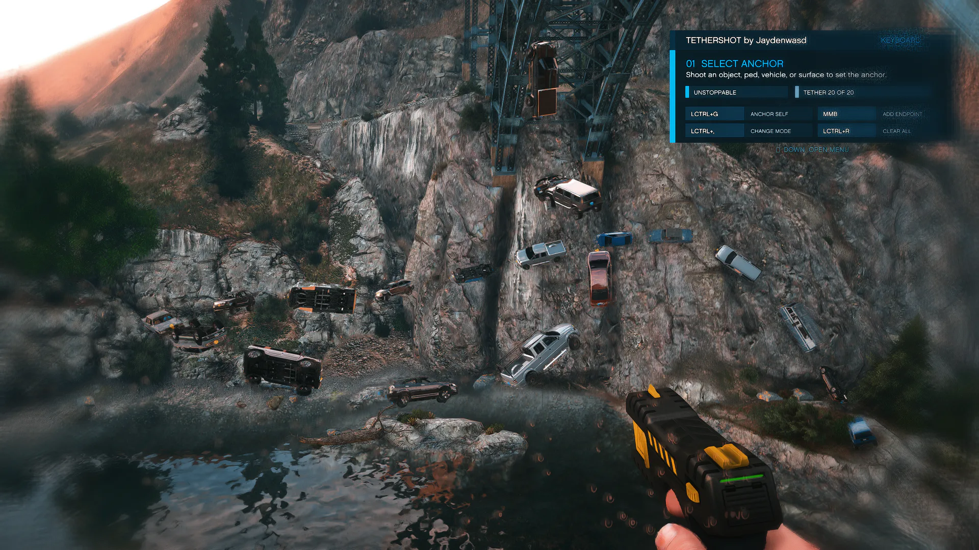 TetherShot guide showing the current shot, anchor mode, active tether count, and keyboard controls