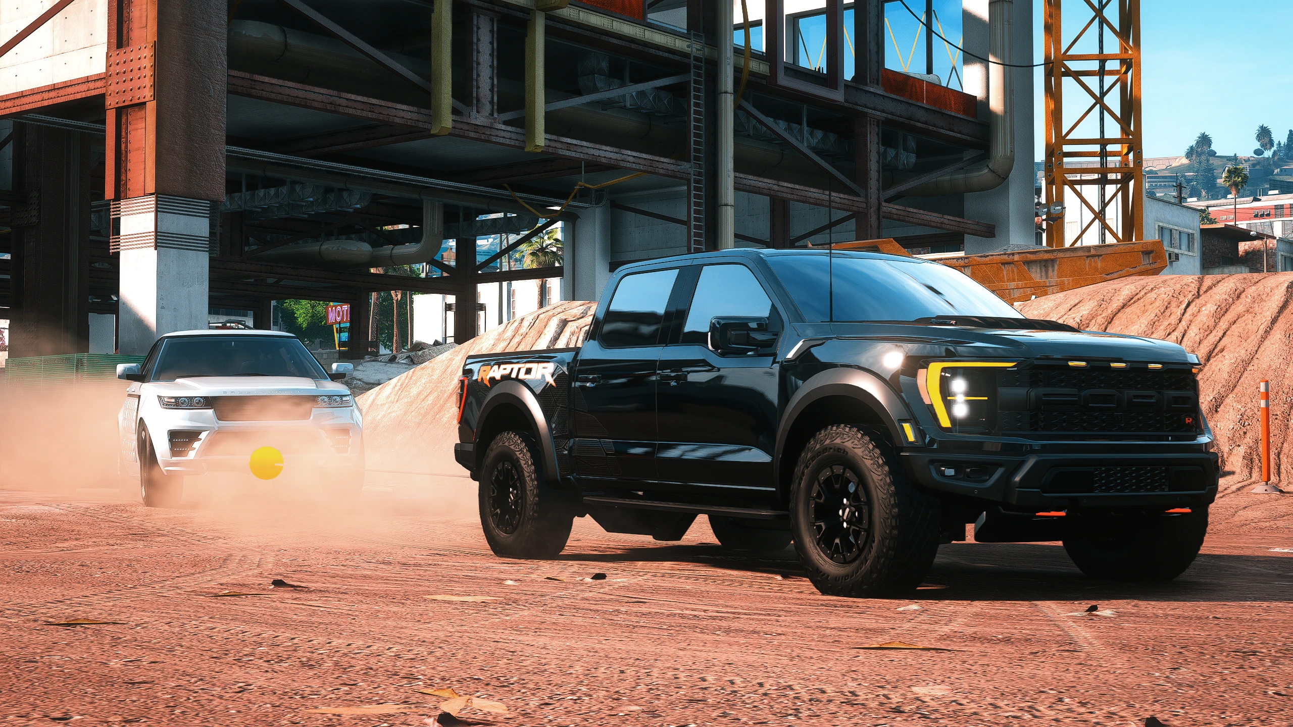 A black pickup towing a white SUV with one TetherShot Lite rope