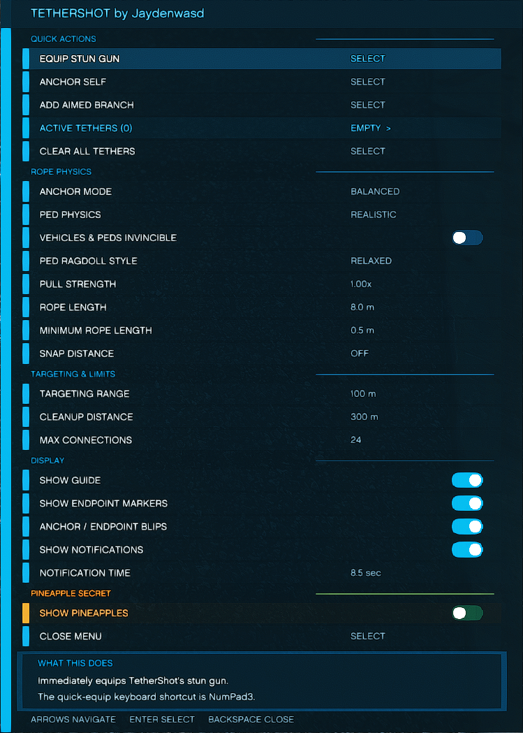 TetherShot Patron Edition menu showing Quick Actions, Rope Physics, Targeting and Limits, and Display settings