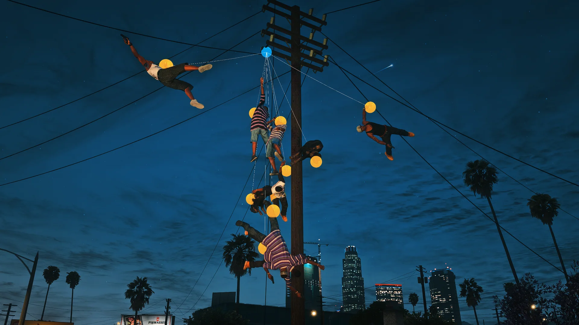 Pedestrians connected into a moving tether web around a utility pole